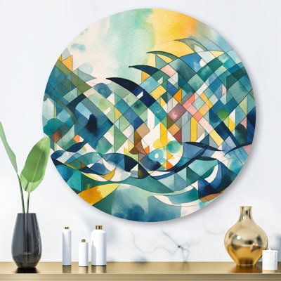 «Blue and orange», art mural rond abstrait géométrique sur métal