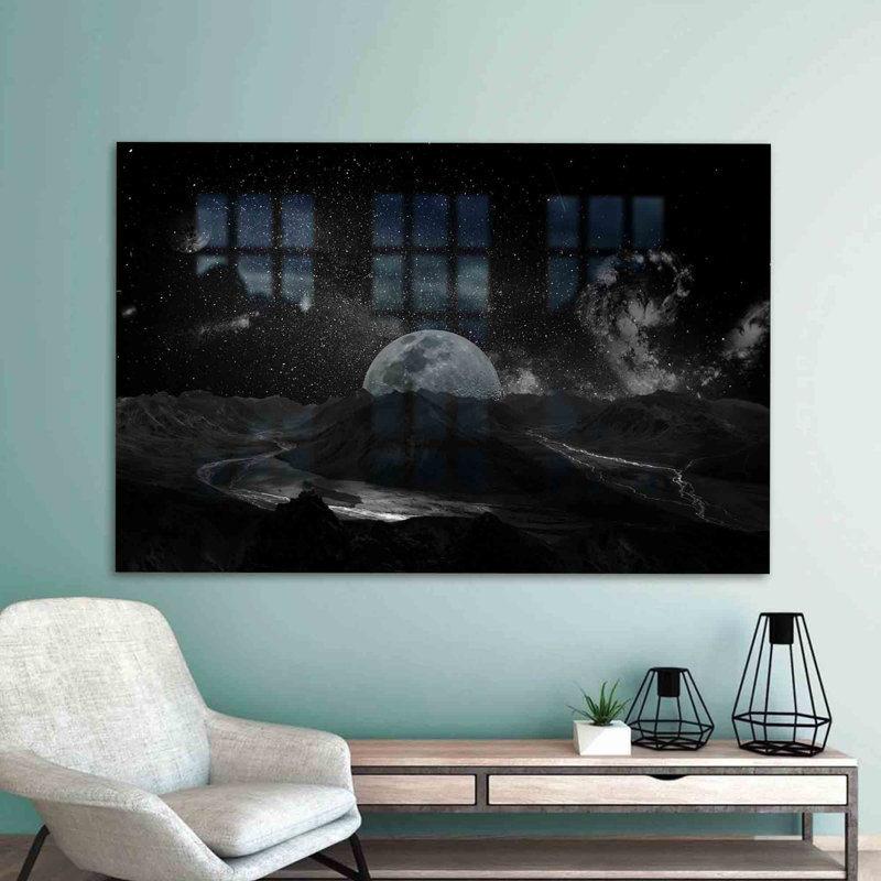 «Starry Night Sky Landscape», art mural en verre avec une pleine lune pour une décoration intérieure unique