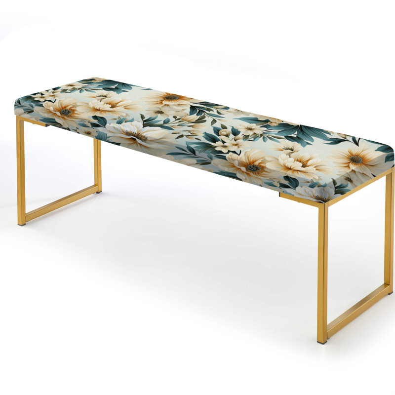 Upholstered Bench, Sandy Beige And Blue Hydrangea Tranquility IV