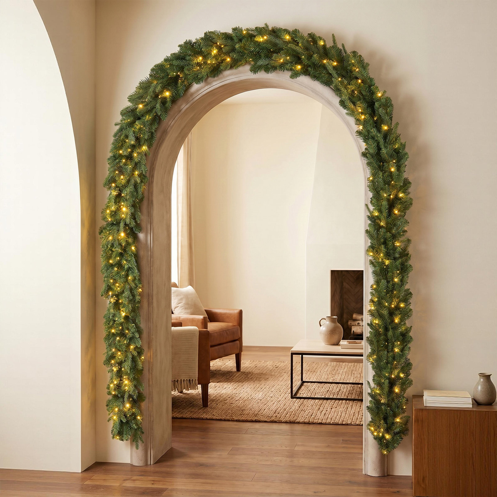 12ft Pre-Lit Greenery Pine Garland – 300 White/Multi-Color Twinkling Lights, 10 Functions, 9'