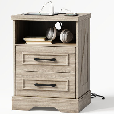 Farmhouse Nightstand With Charging Station, 2 Large Drawers & 2 USB ports with Open Storage