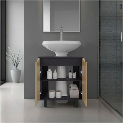Marlo Under Sink Cabinet With Two Doors And Interior Storage Shelves, Cut-Out Back, 22 Wide Freestanding, Modern Bathroom Storage, Black, Natural Oak