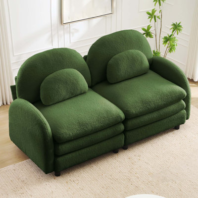 Canapé-lit 2 places vert en tissu Teddy, douceur semblable au nuage, dossier / accoudoirs courbés, coussins lombaires courbés et coussin de soutien double couche