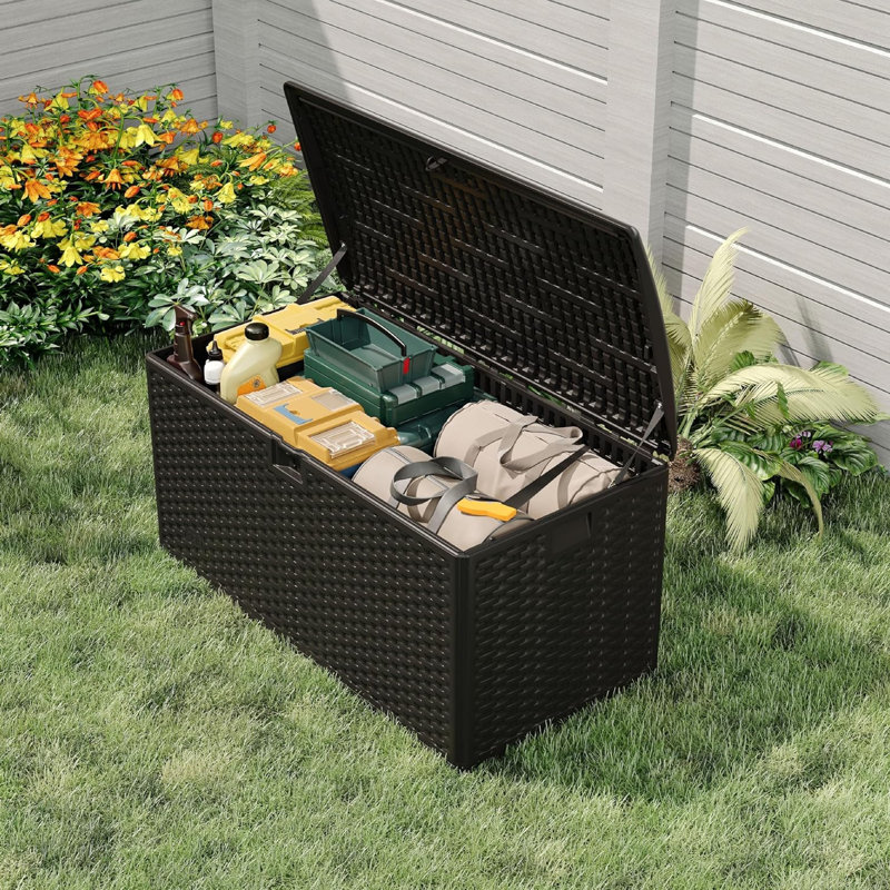 73 gal Resin Deck Box, Outdoor Storage Box with Lockable Lid & Weatherproof Design, Extra Large Patio Storage Container for Garden Tools, Pool Toys, Furniture Cushions