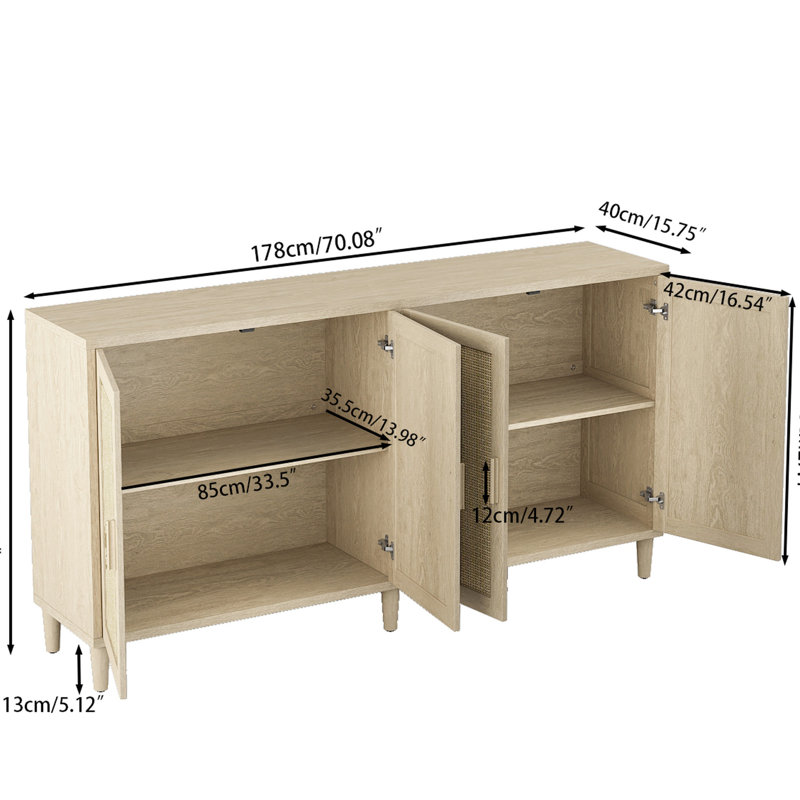 Armoire de rangement naturelle de 70 po avec tablettes réglables, convient au décor du salon, portes décoratives élégantes à surface facile à nettoyer, tablettes différentes, utilisation multifonctionnelle à la maison