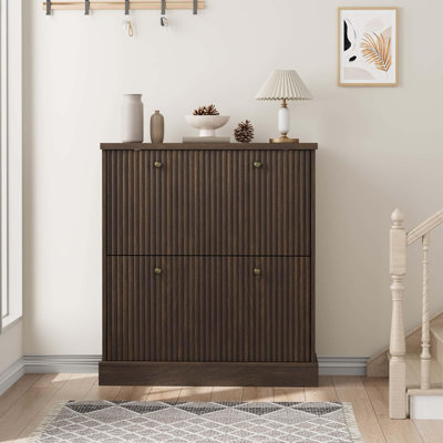 Shoe Cabinet with 2 Flip Drawers, Wooden Fluted Shoe Cabinet with Adjustable Shelf, Freestanding Shoes Storage Organizer