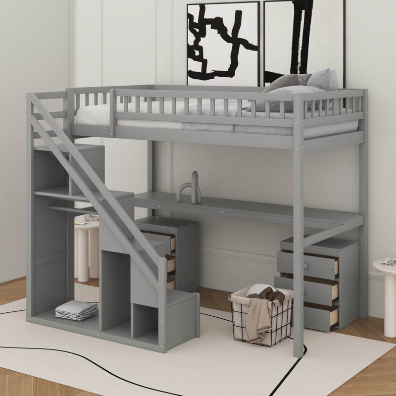 Lit mezzanine simple avec tiroirs, bureau et bande lumineuse, Gris