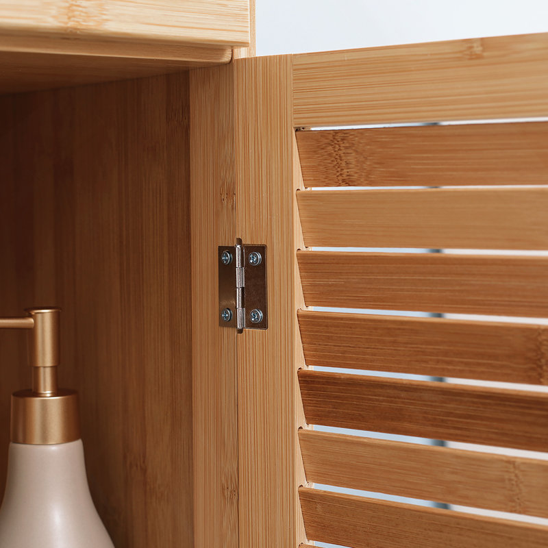 Tall Bathroom Cabinet With Drawer And Slatted Shelves, Slim Bamboo Linen Tower With Louvered Door, Natural