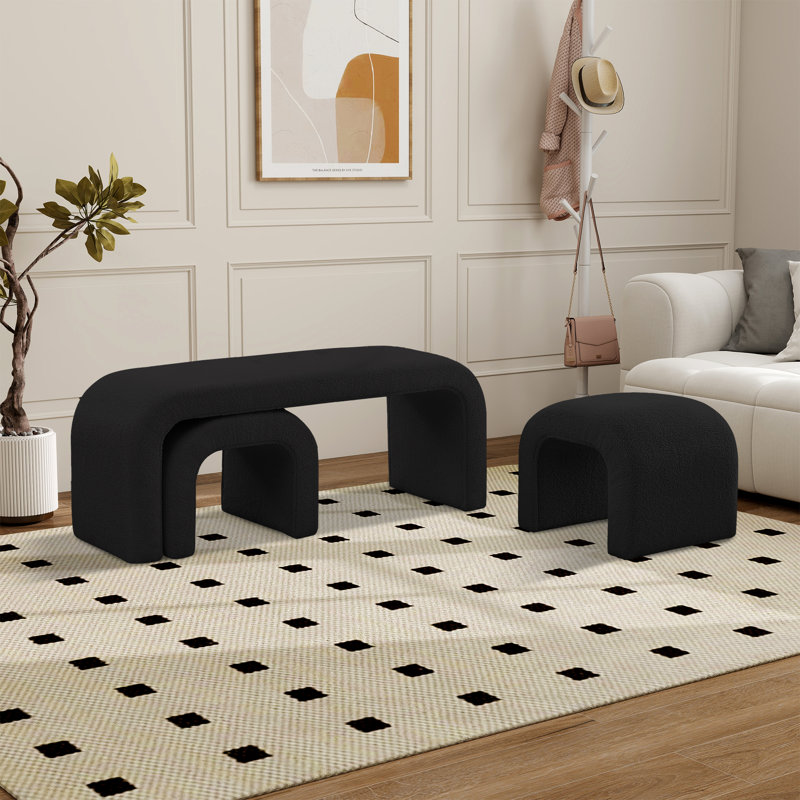 Banc rembourré de 43,98 po avec tabourets, Noir