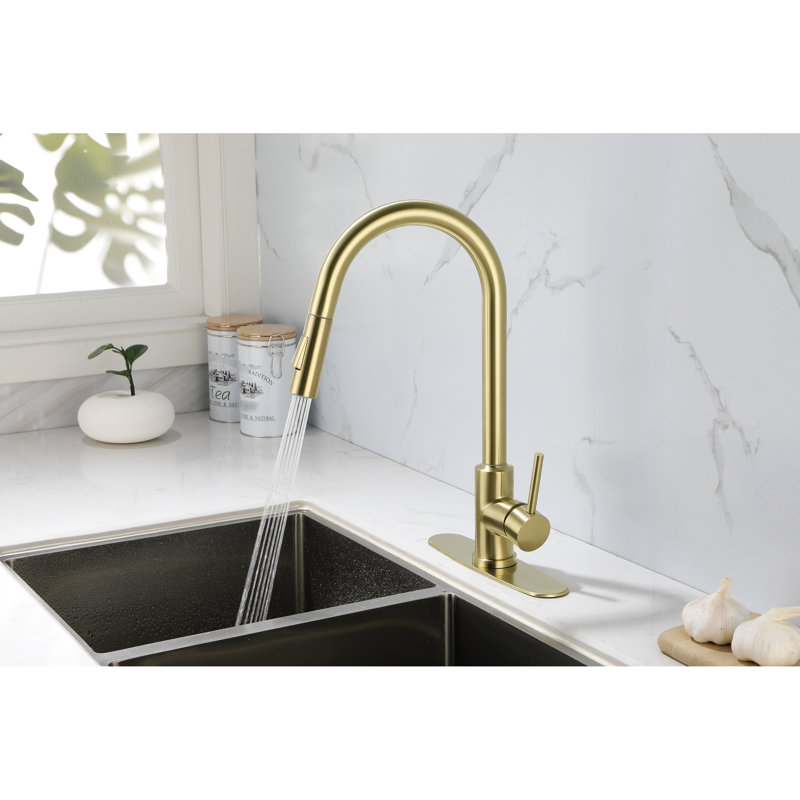 Kitchen Faucet With Pull Down Spray - 360 Rotating High Nozzle, Single Handle For Simple Water Temperature And Flow Adjustment, Corrosion Rust-, Gold Stainless Steel, 16.1 In. Depth, 10.07 Width,