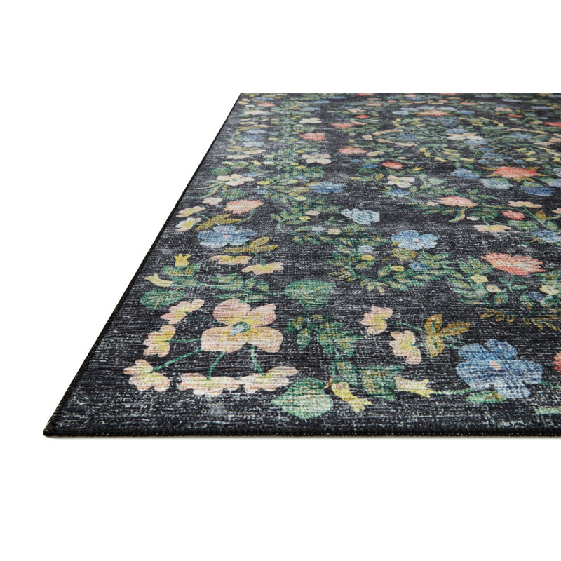 Tapis noir et vert à motif floral pastel, Tapis de couloir 3 pi 3,37 po x 6 pi 6,74 po