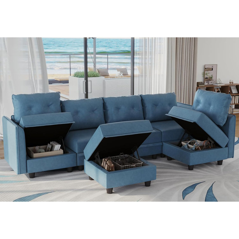 Canapé modulaire réversible avec repose-pieds Bresee, Similicuir bleu ciel, H 34 po x l 112 po x P 56 po
