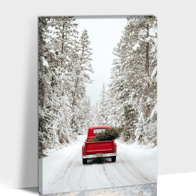 Grand paysage d'hiver, art mural sur toile 28 x 40 po, arbre de Noël camion rouge, forêt enneigée, impressions sur toile de vacances rustiques, œuvre d'art rétro de scène d'hiver, affiche d'affiche prête à accrocher pour la maison, 20 po x 30 po