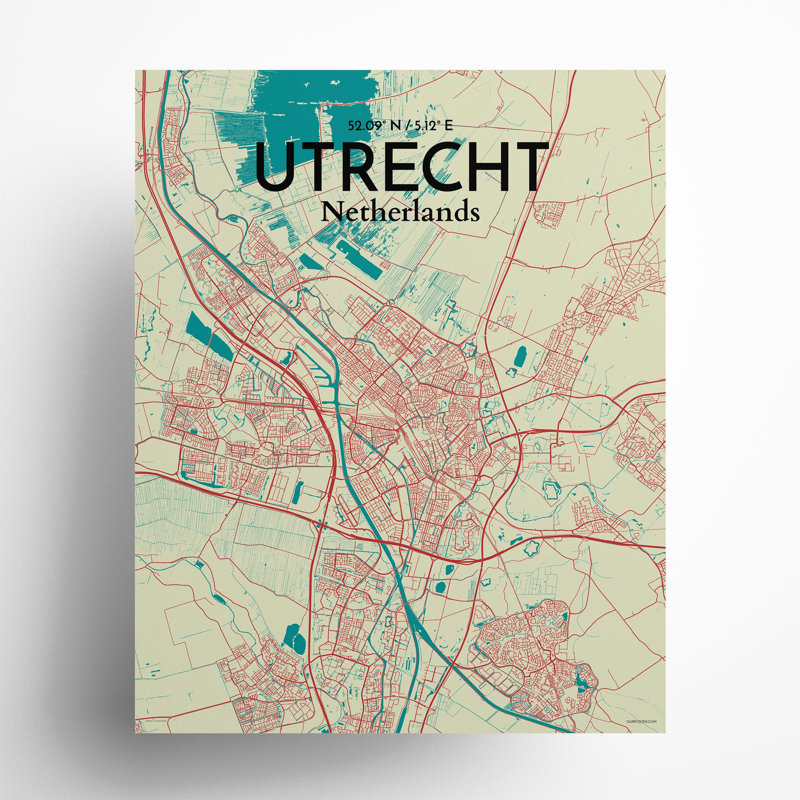 Utrecht City Map In Tricolour - No Frame Print, 20cm H x 16cm W x 0.05cm D
