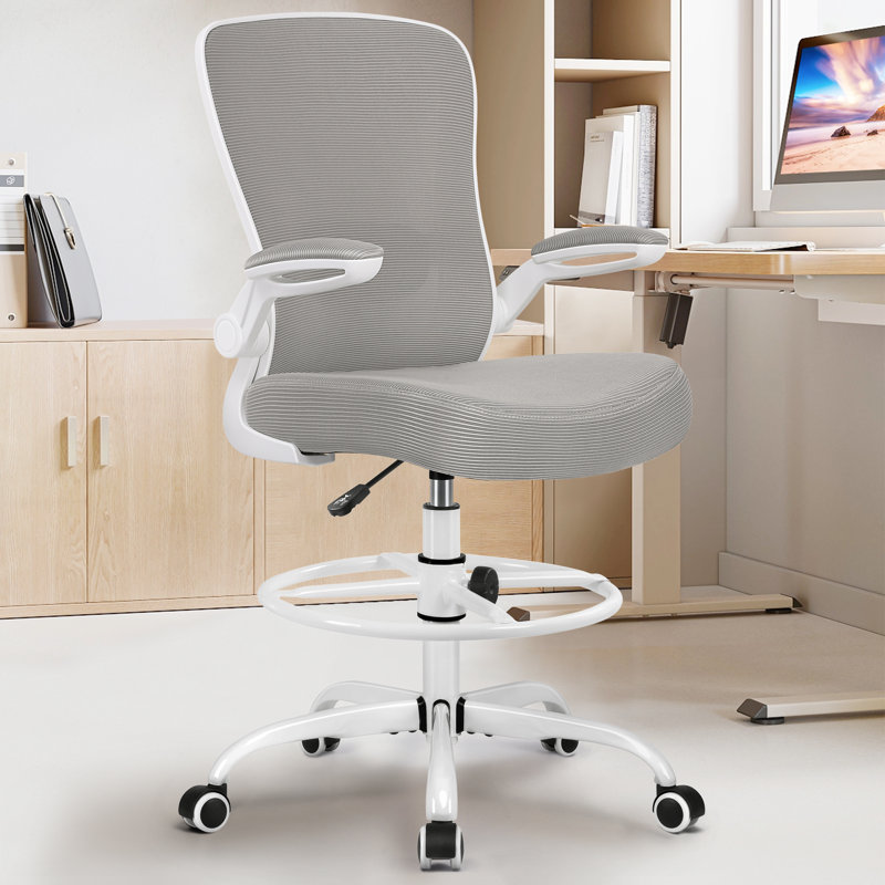 Mesh Drafting Chair with Adjustable Footrest and Lumbar Support, White, Gray