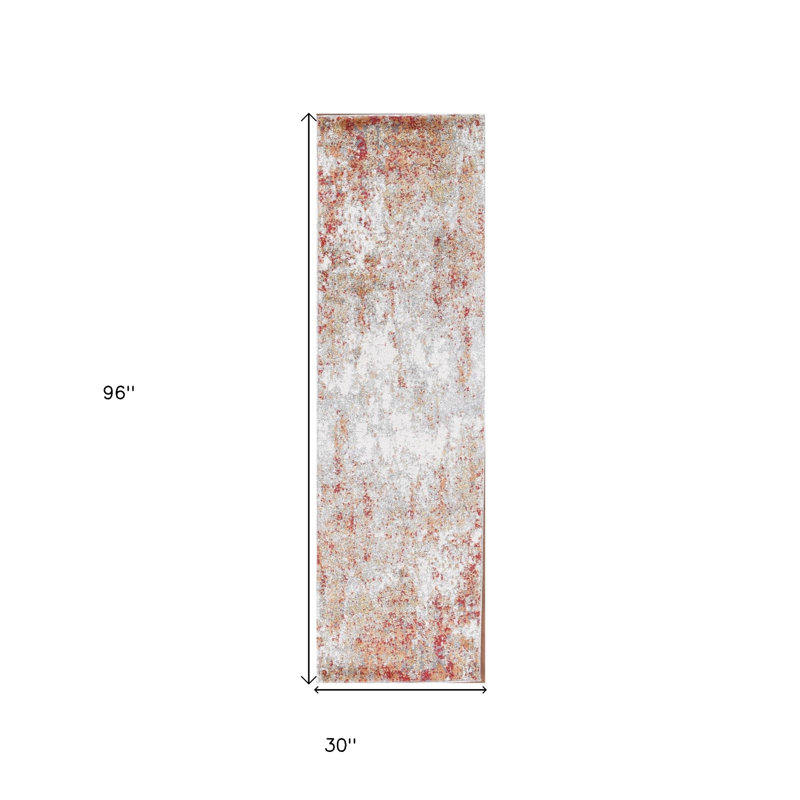 8' Ivory Red And Gray Abstract Runner Rug