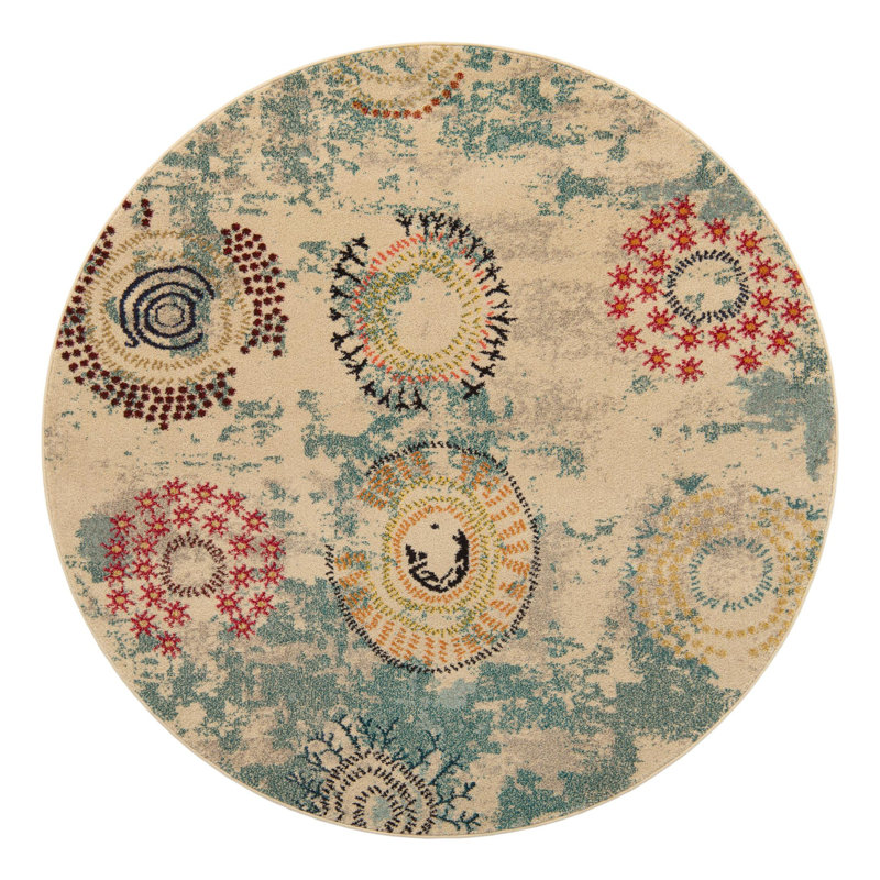 Tapis beige tissé à la machine Eddins, Rond 6 pi 1 po