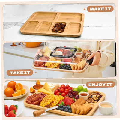 Plateau de service 6 compartiments en bambou avec couvercle transparent et couvercle pour les collations, la viande, les fruits, le pique-nique, le plateau de cuisine