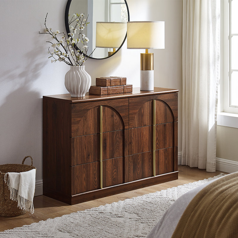 Modern 6 Drawer Dresser, Wood Wide Chest Of Drawers With Arched Style, Brown, Brown