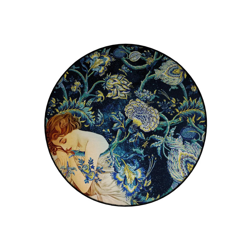 Ethnic Patterns And Sleeping Woman Detailed Woven Base Modern Decorative Carpet, Round 5'