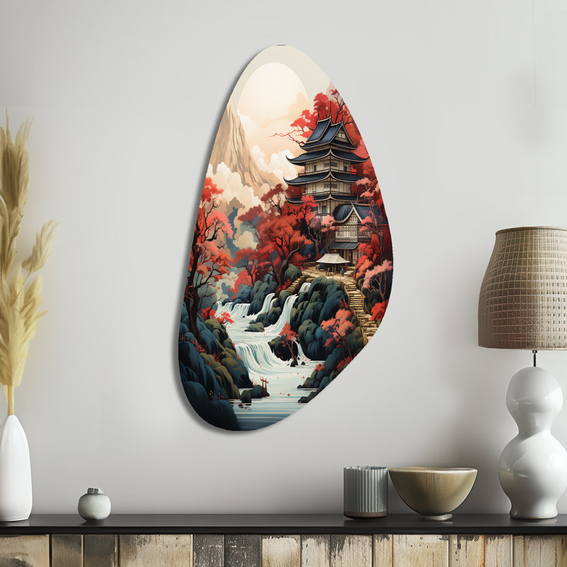 Estaugh - Asian Art, décoration murale asymétrique en métal, impression d'art en forme libre rouge, H 39 po x l 21 po
