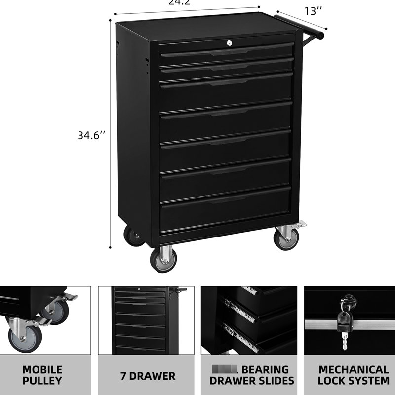 Coffre 7 roulettes en métal - Boîte à outils robuste pour le garage