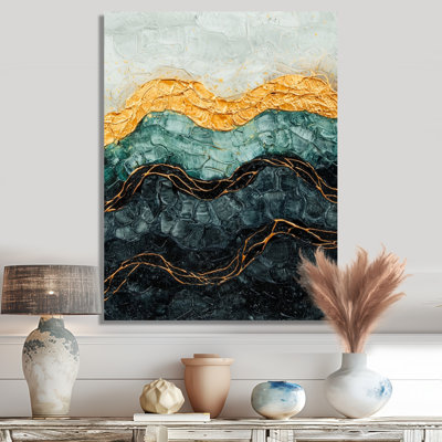 «Abstract Golden Emerald Sea Breeze Waves I», reproduction d'art nautique sur métal côtier