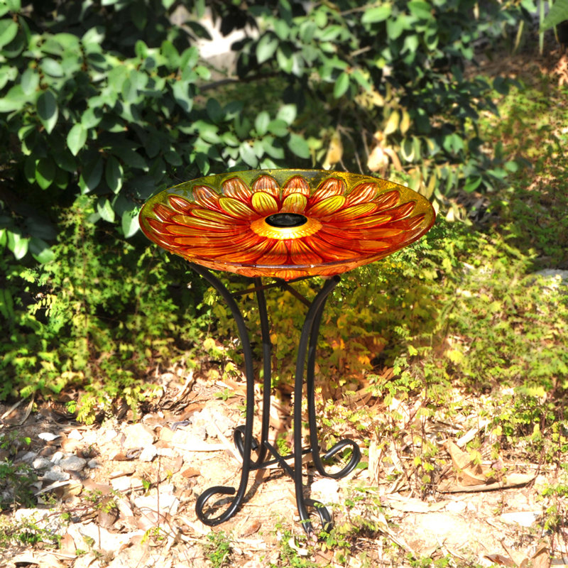  Solar Floral Glass Bird Bath with Stand