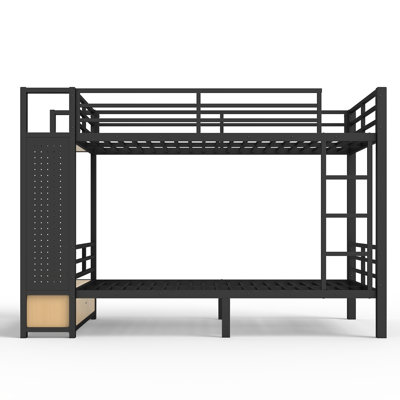 Lit superposé simple TG au-dessus de simple TG pour ados avec tablettes de rangement, tiroirs et panneau perforé, noir