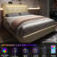 Cadre de grand lit avec éclairage à DEL, tête de lit réglable et fonction de charge intelligente - pièce de chambre contemporaine, revêtement en similicuir beige, base en bois de chêne, plus de 60000 couleurs personnalisables, luminosité