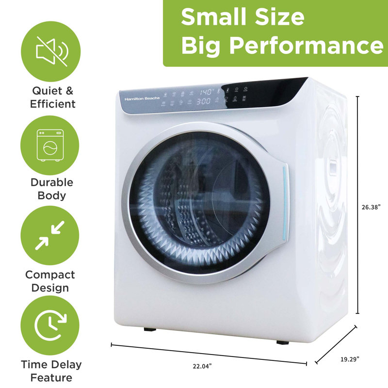 Hamilton Beach 2.57 Cu. Ft. 13 lbs. Compact Tumble Dryer with Touchscreen Control Panel, 8 Drying Modes, Child Lock, Air-Vented Portable Clothes Dryer, White