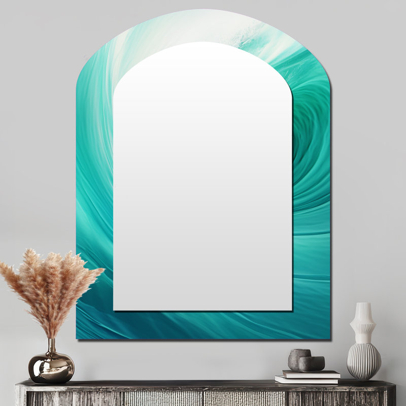 Turquoise Wondrous Wave Spiral - Abstract Spirals Asymmetrical Decorative Mirror, Modern Arch Wall Mirror, Printed Metal Art