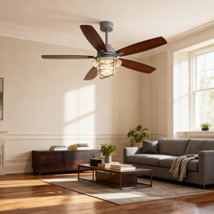 Ventilateur de plafond 52 po avec lumière - moteur à courant continu, télécommande à 6 vitesses, abat-jour en verre bullé, pales réversibles à double finition (gris ciment et noyer), DEL chaude à intensité variable avec mémoire, fonctionnement 