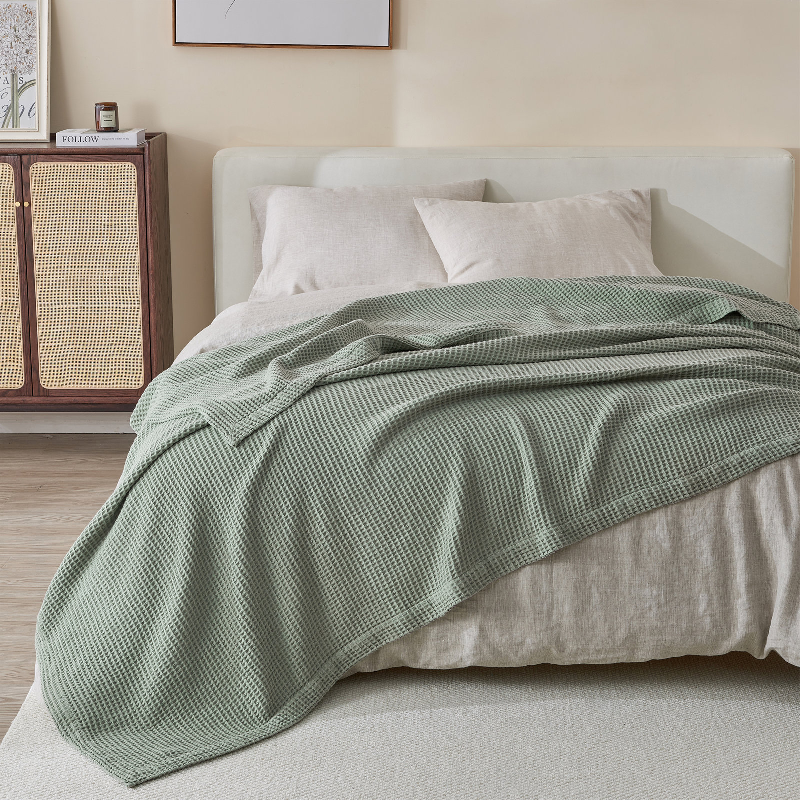 100% Cotton Waffle Weave Blanket, Twin, Eucalyptus