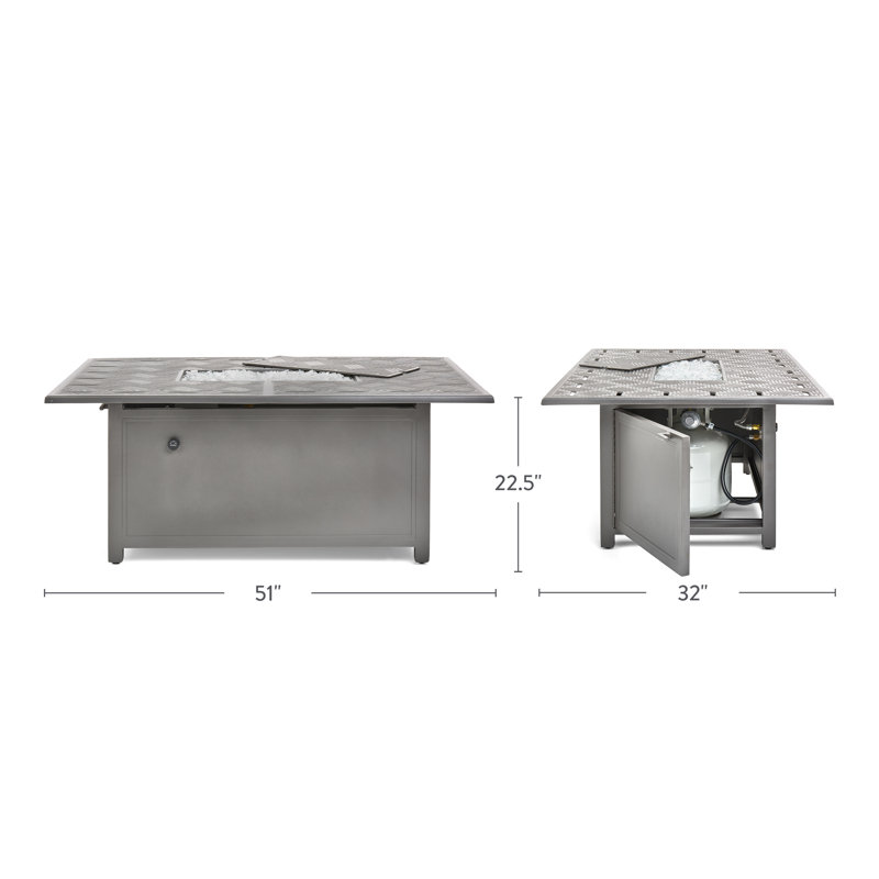 Merge Tables Rectangle Aluminum Propane Fire Pit Table with Lid, Weathered Teak