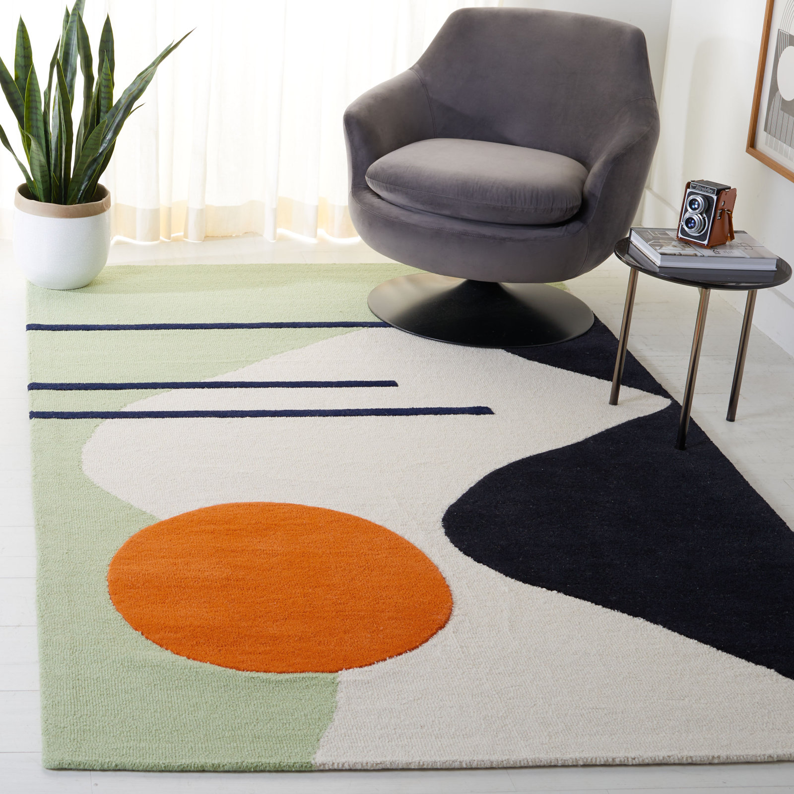 Felipe Green Black Hand-Tufted Wool Abstract Rug, Rectangle 6' x 9'