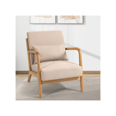 Méridienne Mid-Century moderne en bois massif, revêtement en lin beige, rembourrage en éponge de 29,26 po L 23,61 po x P 29,69 po. 1 siège rembourré pour plus de confort. Tissu respirant