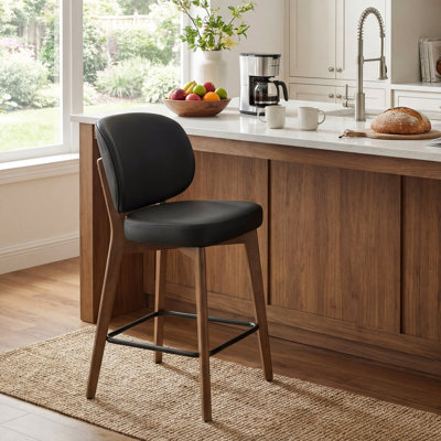 Tabouret de bar Mid-Century moderne, tabouret de bar rembourré en similicuir avec dossier à oreilles, tabouret de bar à hauteur de comptoir sans accoudoirs avec pieds en bois, repose-pieds en métal, pour comptoir de bar pour îlot de cuisine, noir, simple