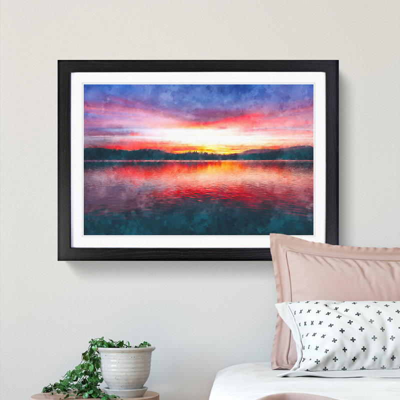 Sunset over Lake Windermere - Picture Frame Painting Print, Black Framed, 24cm H x 33cm W x 2cm D