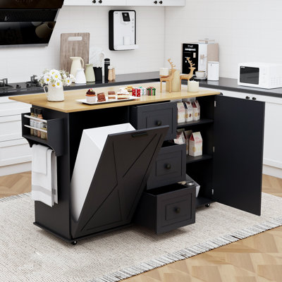 Rolling Kitchen Island With Drop Leaf, Trash Can Cabinet, Drawers And Storage, Black