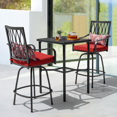 Ensemble de bar extérieur pivotant en métal 3 pièces avec trou pour parasol et coussins rembourrés 