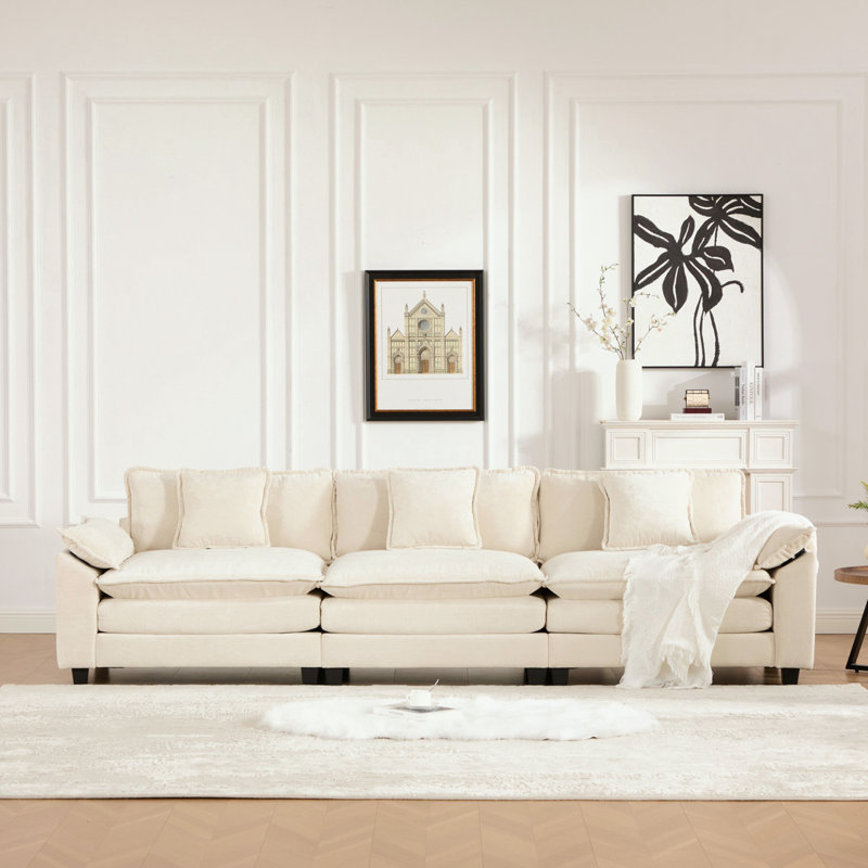 Canapé modulaire 3 places en chenille avec coussin moelleux, Chenille beige