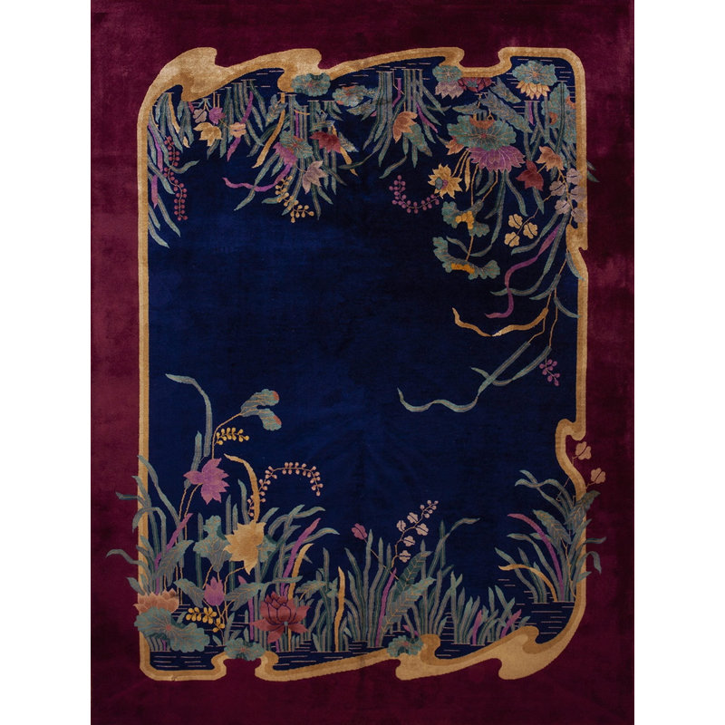 Antique Chinese Art Deco Room Size Wool Blue Rug
