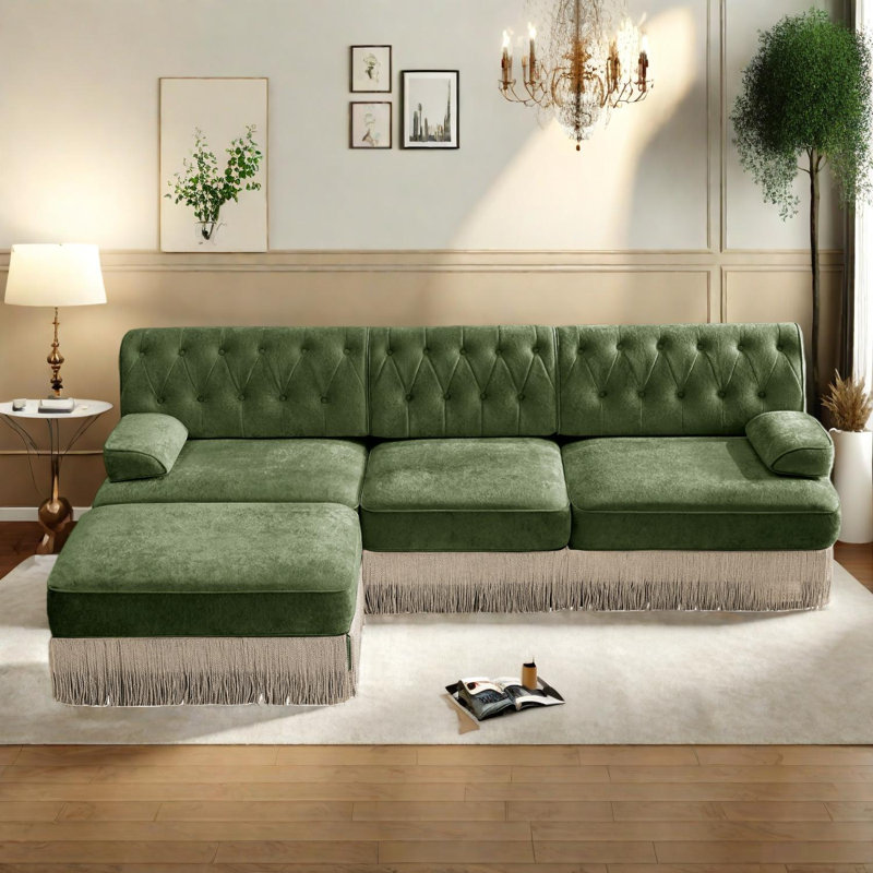 Canapé modulaire 3 places en velours capitonné, Vert