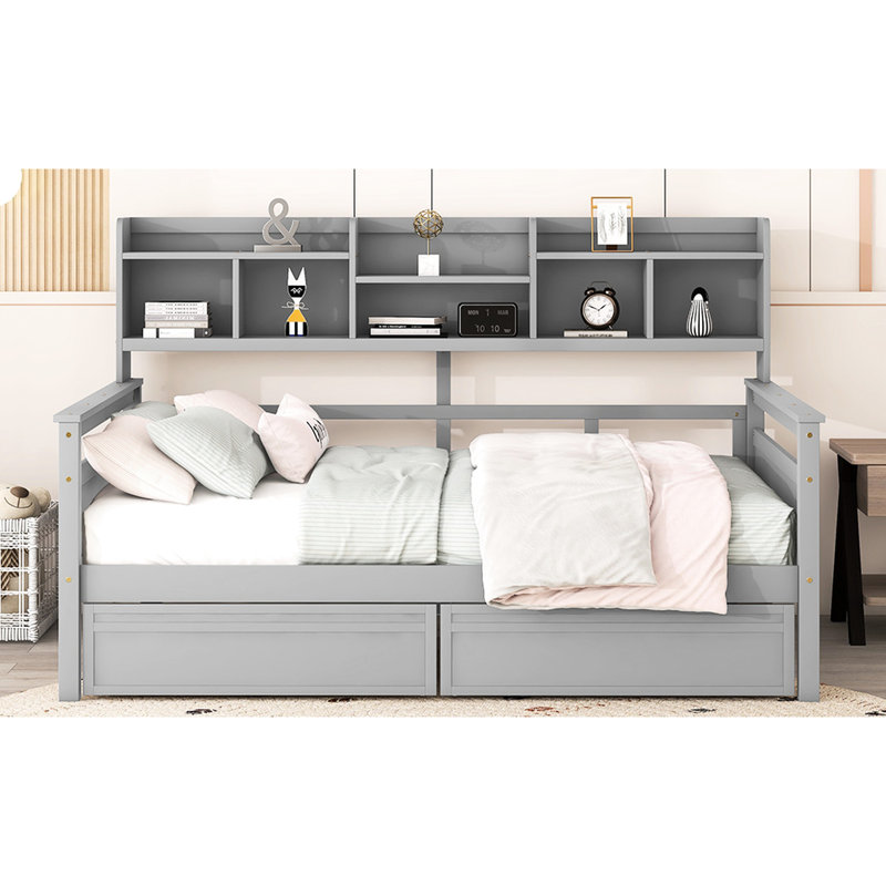 Lit de jour gris, base en lattes de bois, tablette de chevet et 2 tiroirs - fonctionnel pour la chambre à coucher et la base de l'espace de vie, configuration de deux pièces