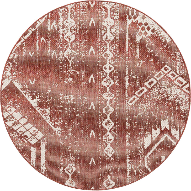 Loreen Geometric Machine Woven Rectangle Polypropylene Indoor / Outdoor Area Rug in Rust Red, Round 6'