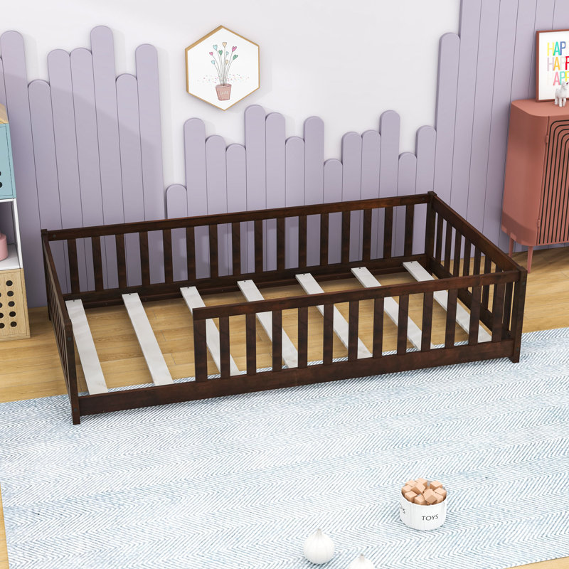 Twin Wood Floor Bed With Fence And Slats, Espresso