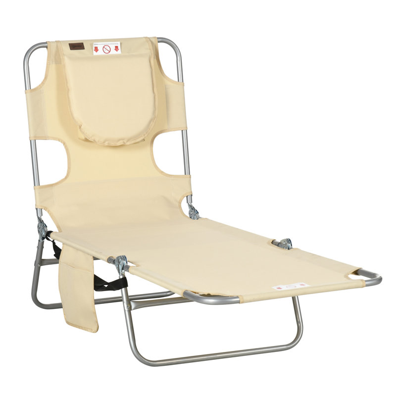 Chaise de bronzage avec trou pour le visage, chaise longue d'extérieur réglable à 5 niveaux avec coussin pour plage, piscine, beige