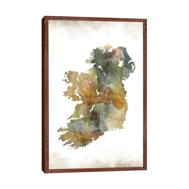 Ireland Greenish Map - Print on Canvas, 152.4cm H x 101.6cm W x 3.81cm D, Classic Brown Wood Framed