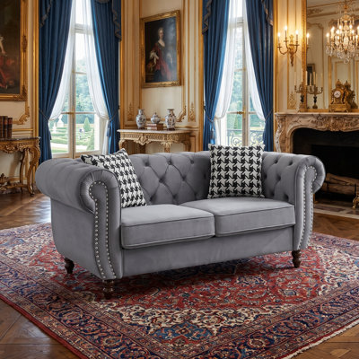 Velvet Rolled Arm Chesterfield Sofa with Nailhead Trim